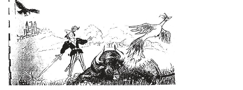Illustration : le jeune homme affronte un auroch sauvage, un oiseau de feu s'envole au loin